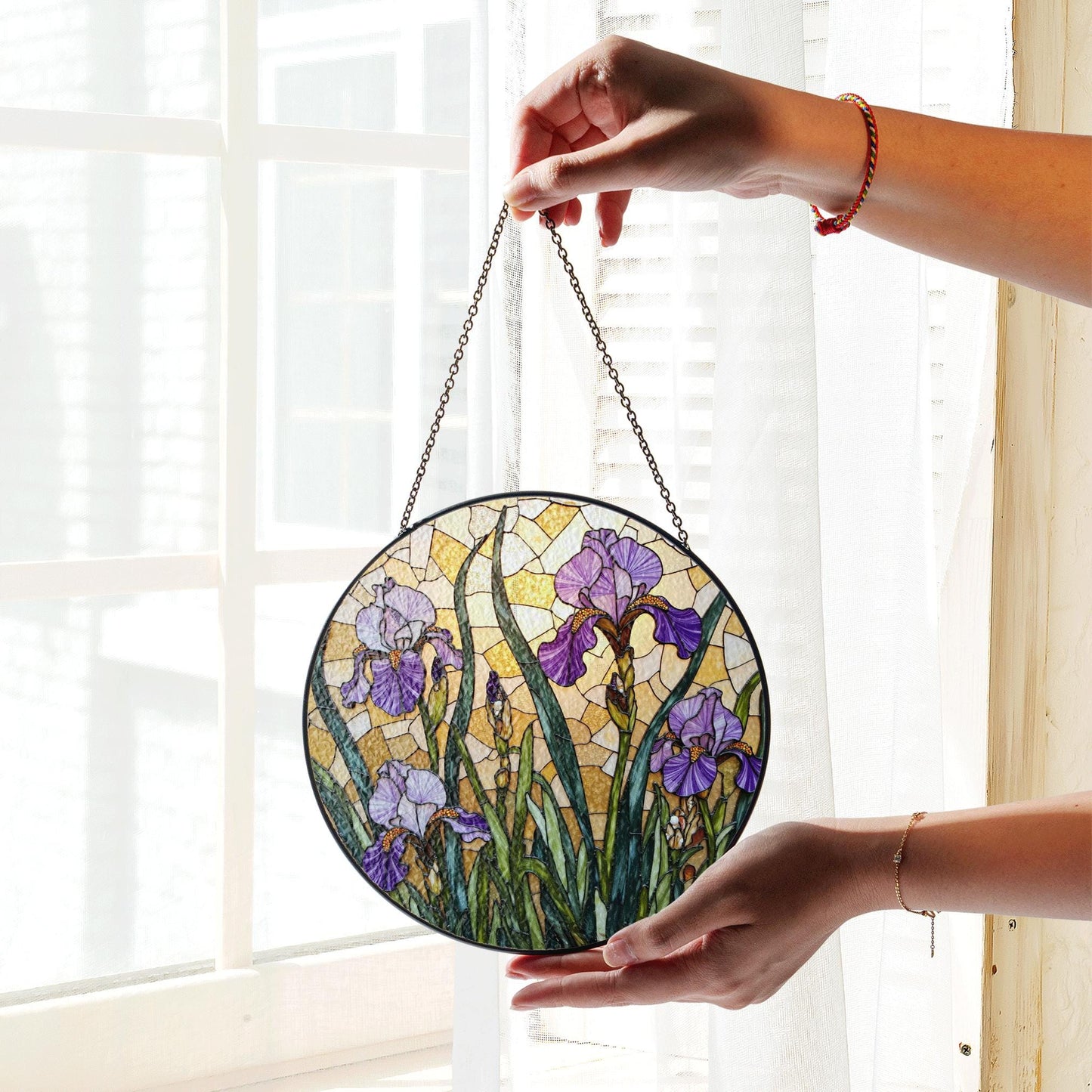 Purple Iris Stained Glass Suncatcher – Tiffany Style Floral Window Hanging – Unique Gift for Garden Lovers