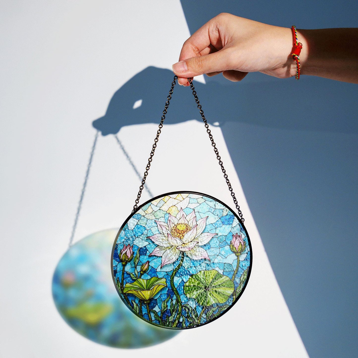 Hand-Painted Lotus Flower Suncatcher – Stained Glass Window Decor – Tranquil Gift for Nature Lovers