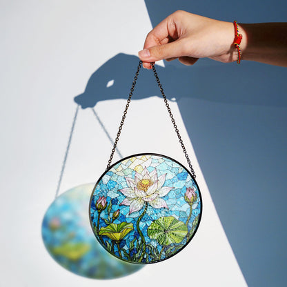 Hand-Painted Lotus Flower Suncatcher – Stained Glass Window Decor – Tranquil Gift for Nature Lovers