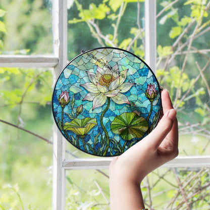 Hand-Painted Lotus Flower Suncatcher – Stained Glass Window Decor – Tranquil Gift for Nature Lovers