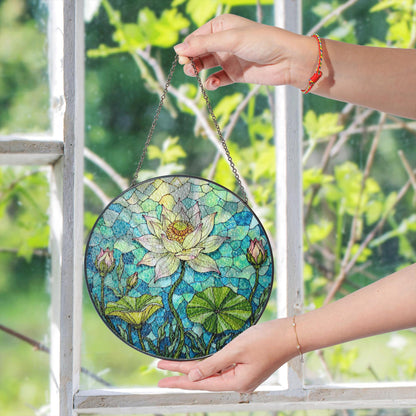 Hand-Painted Lotus Flower Suncatcher – Stained Glass Window Decor – Tranquil Gift for Nature Lovers