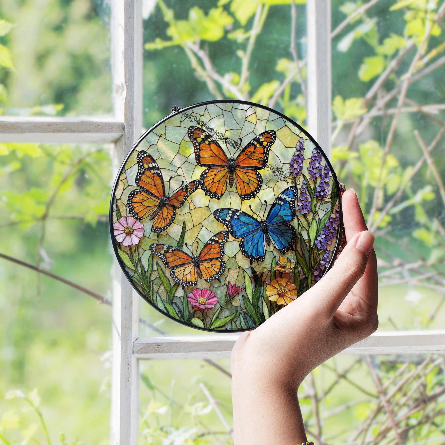 Stained Glass Butterfly Suncatcher – Monarch , Blue Butterflies in Floral Garden – Nature Gift for Mom or Garden Lover