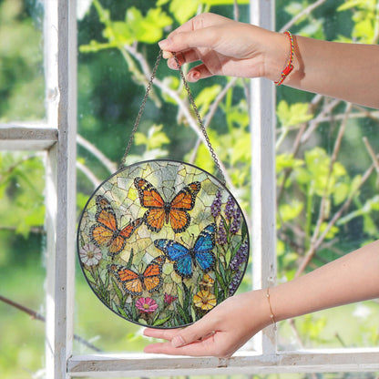Stained Glass Butterfly Suncatcher – Monarch , Blue Butterflies in Floral Garden – Nature Gift for Mom or Garden Lover