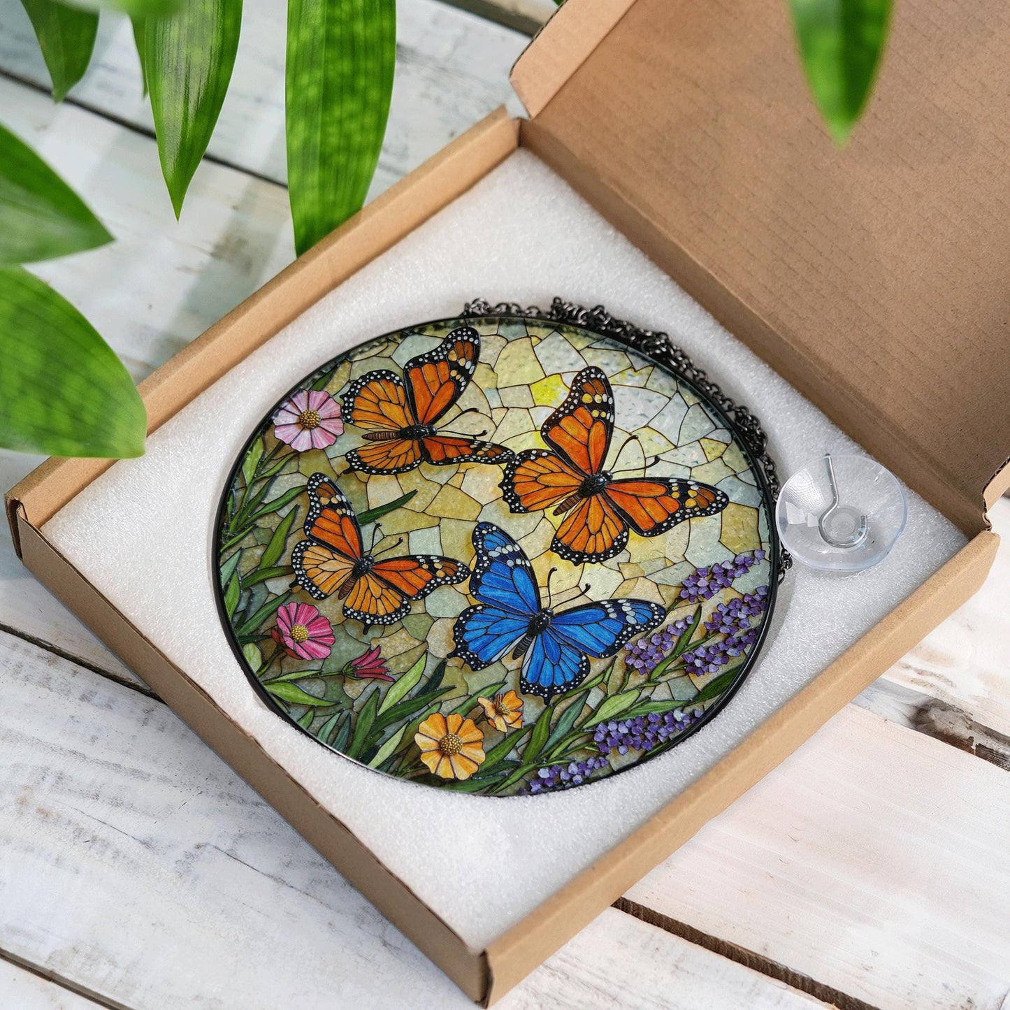 Stained Glass Butterfly Suncatcher – Monarch , Blue Butterflies in Floral Garden – Nature Gift for Mom or Garden Lover