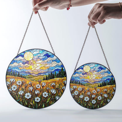 Moonlit Wildflower Meadow Stained Glass Suncatcher – Nature Scene Window Decor Gift for Garden Lovers