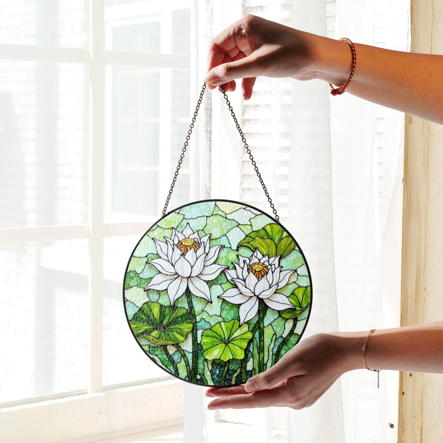 Stained Glass Lotus Suncatcher – White Water Lilies with Green Leaves – Nature Gift for Garden Lovers
