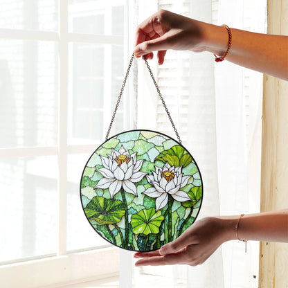 Stained Glass Lotus Suncatcher – White Water Lilies with Green Leaves – Nature Gift for Garden Lovers