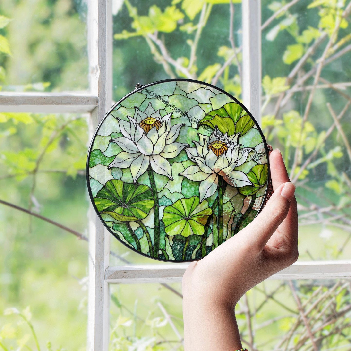 Stained Glass Lotus Suncatcher – White Water Lilies with Green Leaves – Nature Gift for Garden Lovers