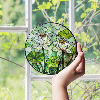 Stained Glass Lotus Suncatcher – White Water Lilies with Green Leaves – Nature Gift for Garden Lovers