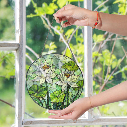 Stained Glass Lotus Suncatcher – White Water Lilies with Green Leaves – Nature Gift for Garden Lovers