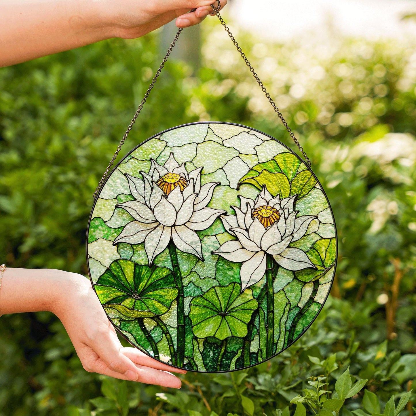 Stained Glass Lotus Suncatcher – White Water Lilies with Green Leaves – Nature Gift for Garden Lovers