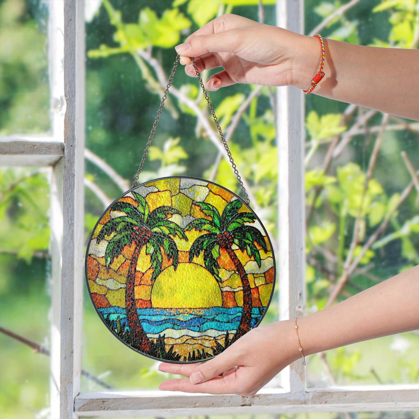 Tropical Palm Tree Suncatcher Stained Glass Sunset Beach Window Gift