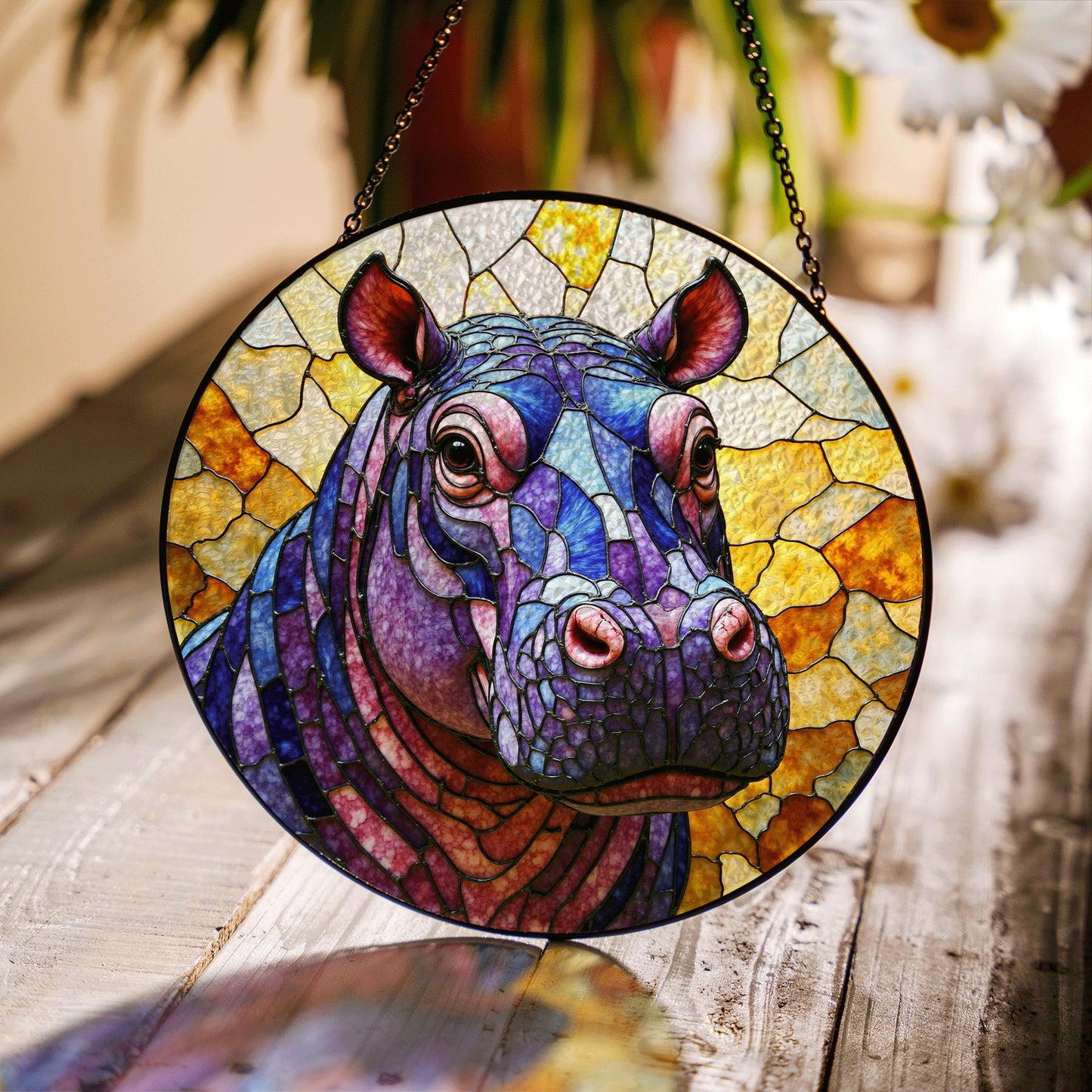 Stained Glass Hippo Suncatcher Purple Blue Amber Animal Gift