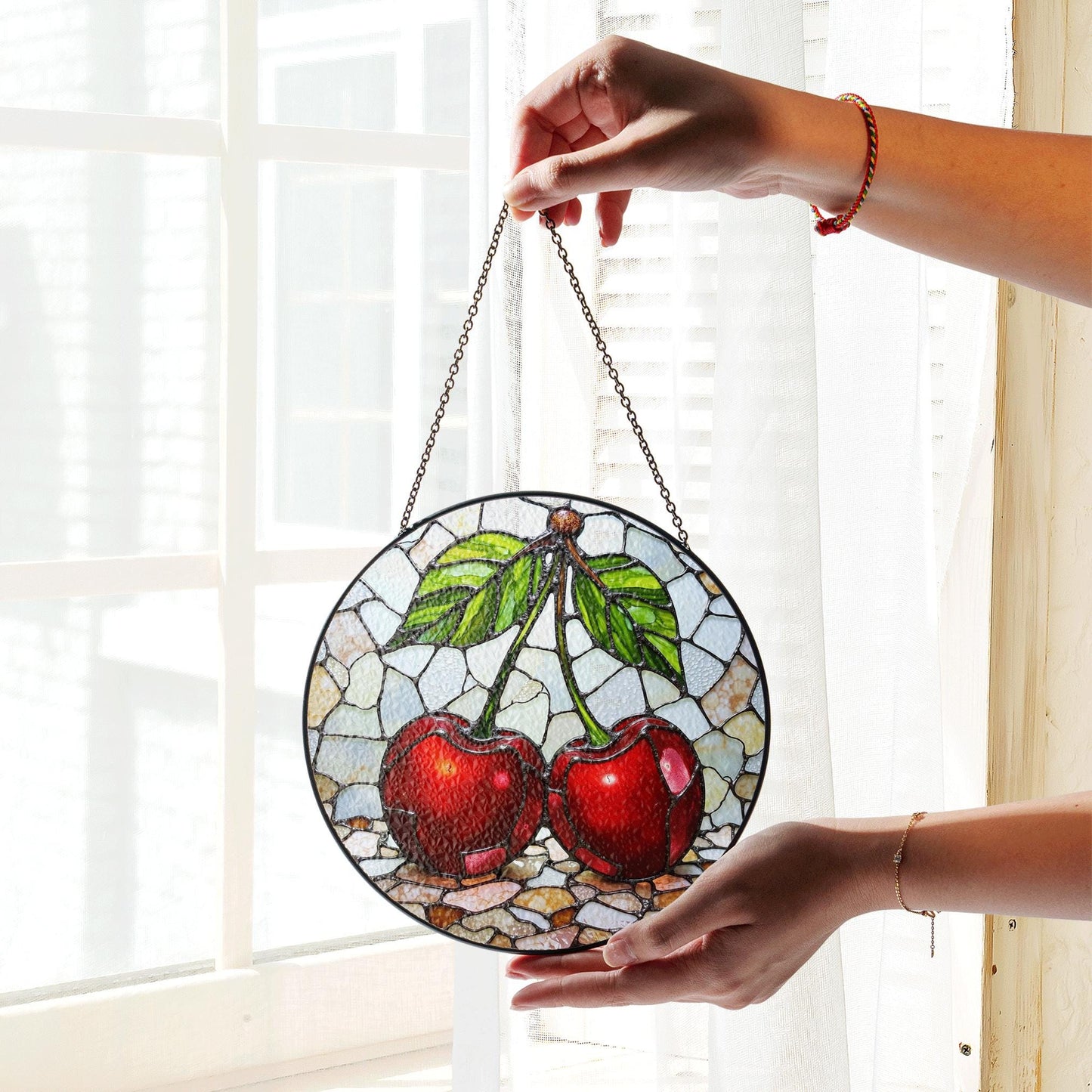 Stained Glass Cherry Suncatcher with Red Fruit and Green Leaves, Perfect Gift for Nature Lovers
