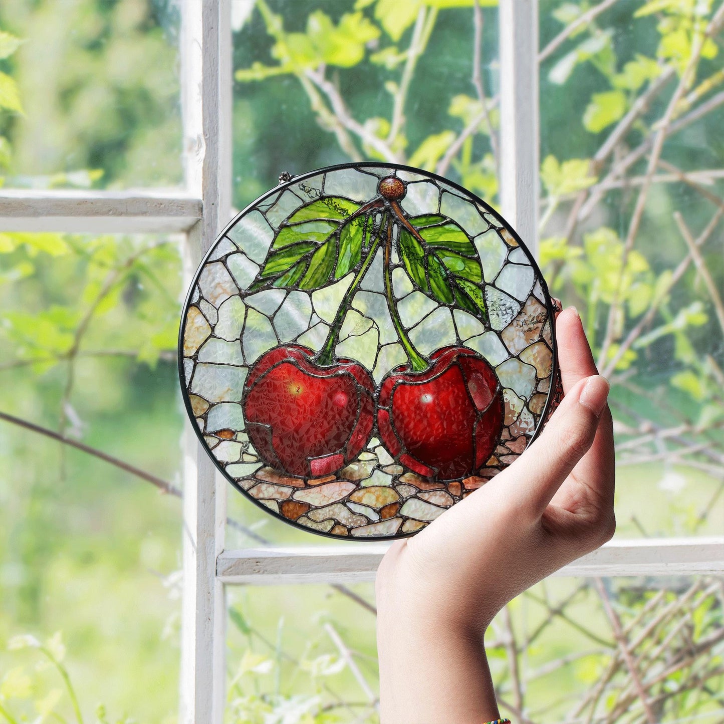 Stained Glass Cherry Suncatcher with Red Fruit and Green Leaves, Perfect Gift for Nature Lovers