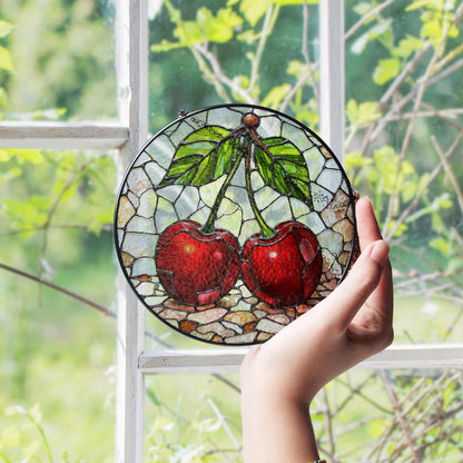 Stained Glass Cherry Suncatcher with Red Fruit and Green Leaves, Perfect Gift for Nature Lovers