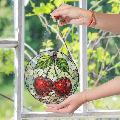 Stained Glass Cherry Suncatcher with Red Fruit and Green Leaves, Perfect Gift for Nature Lovers