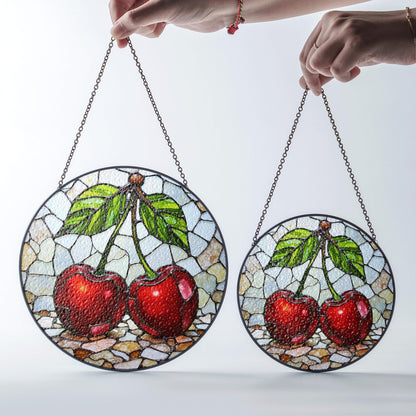 Stained Glass Cherry Suncatcher with Red Fruit and Green Leaves, Perfect Gift for Nature Lovers