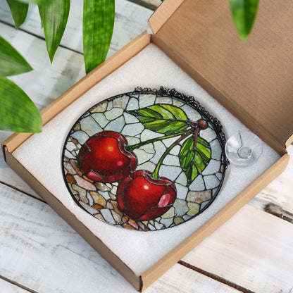 Stained Glass Cherry Suncatcher with Red Fruit and Green Leaves, Perfect Gift for Nature Lovers