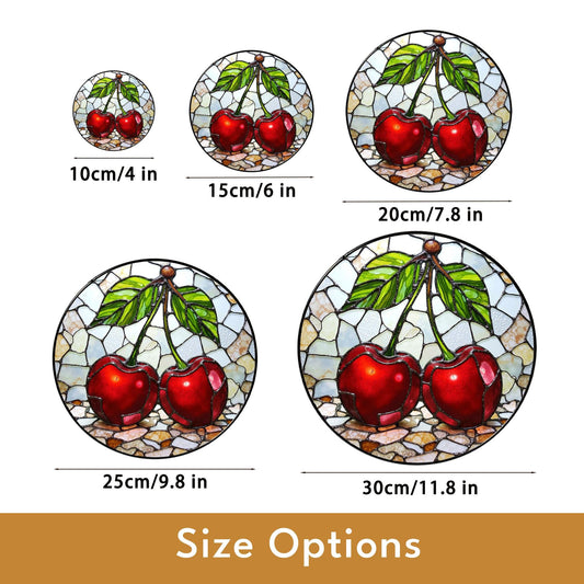 Stained Glass Cherry Suncatcher with Red Fruit and Green Leaves, Perfect Gift for Nature Lovers