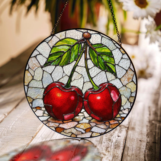 Stained Glass Cherry Suncatcher with Red Fruit and Green Leaves, Perfect Gift for Nature Lovers