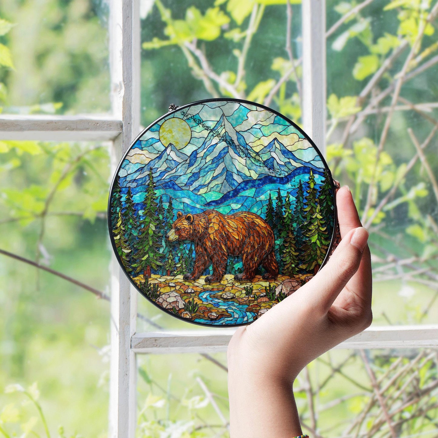 Stained Glass Bear in Mountains Suncatcher Nature Art Gift for Outdoors Lovers