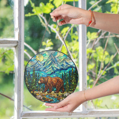 Stained Glass Bear in Mountains Suncatcher Nature Art Gift for Outdoors Lovers