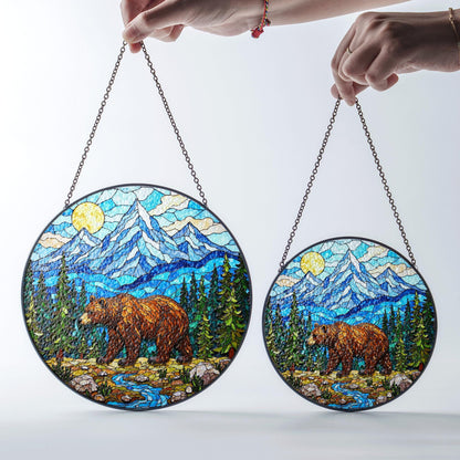 Stained Glass Bear in Mountains Suncatcher Nature Art Gift for Outdoors Lovers