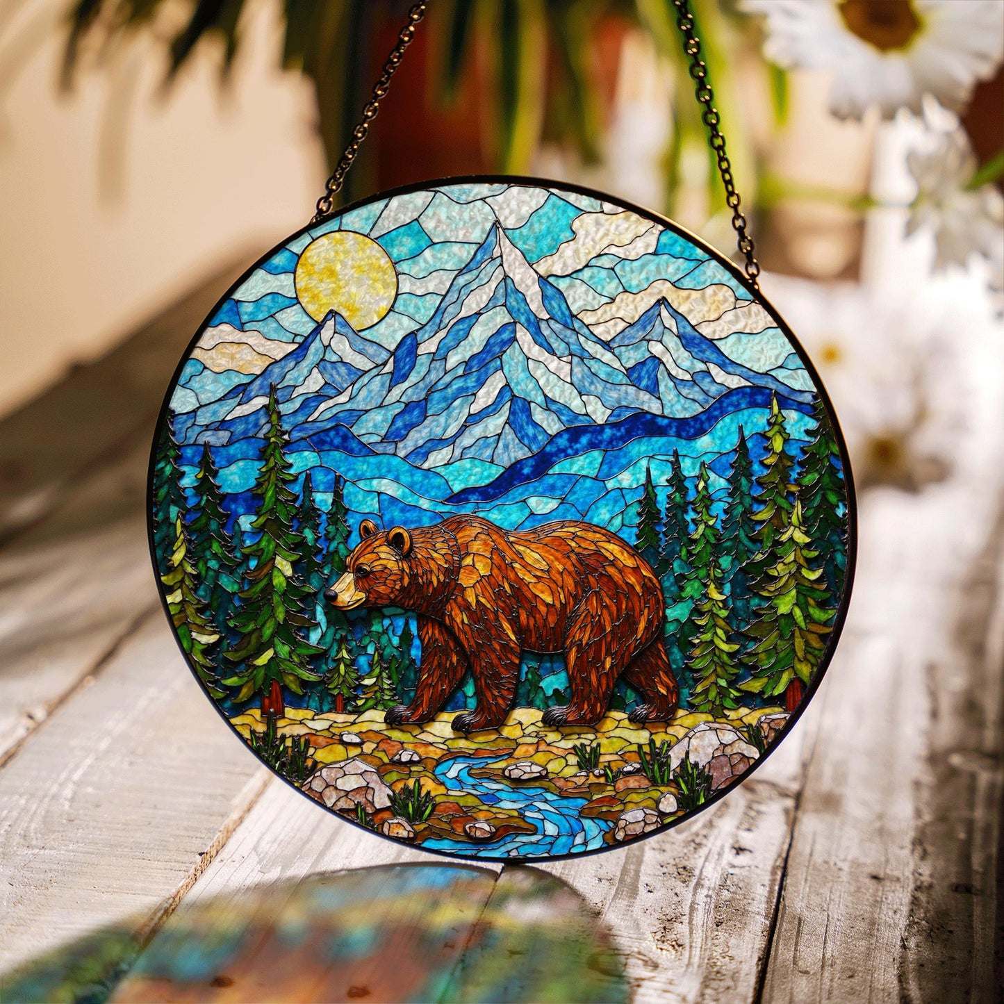 Stained Glass Bear in Mountains Suncatcher Nature Art Gift for Outdoors Lovers