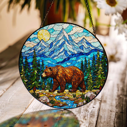 Stained Glass Bear in Mountains Suncatcher Nature Art Gift for Outdoors Lovers