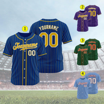 Custom Pinstripe Baseball Jersey, Personalized Team Name Number Logo, Blue Gold Shirt for Men Women Youth Kids, Baseball Softball Gift