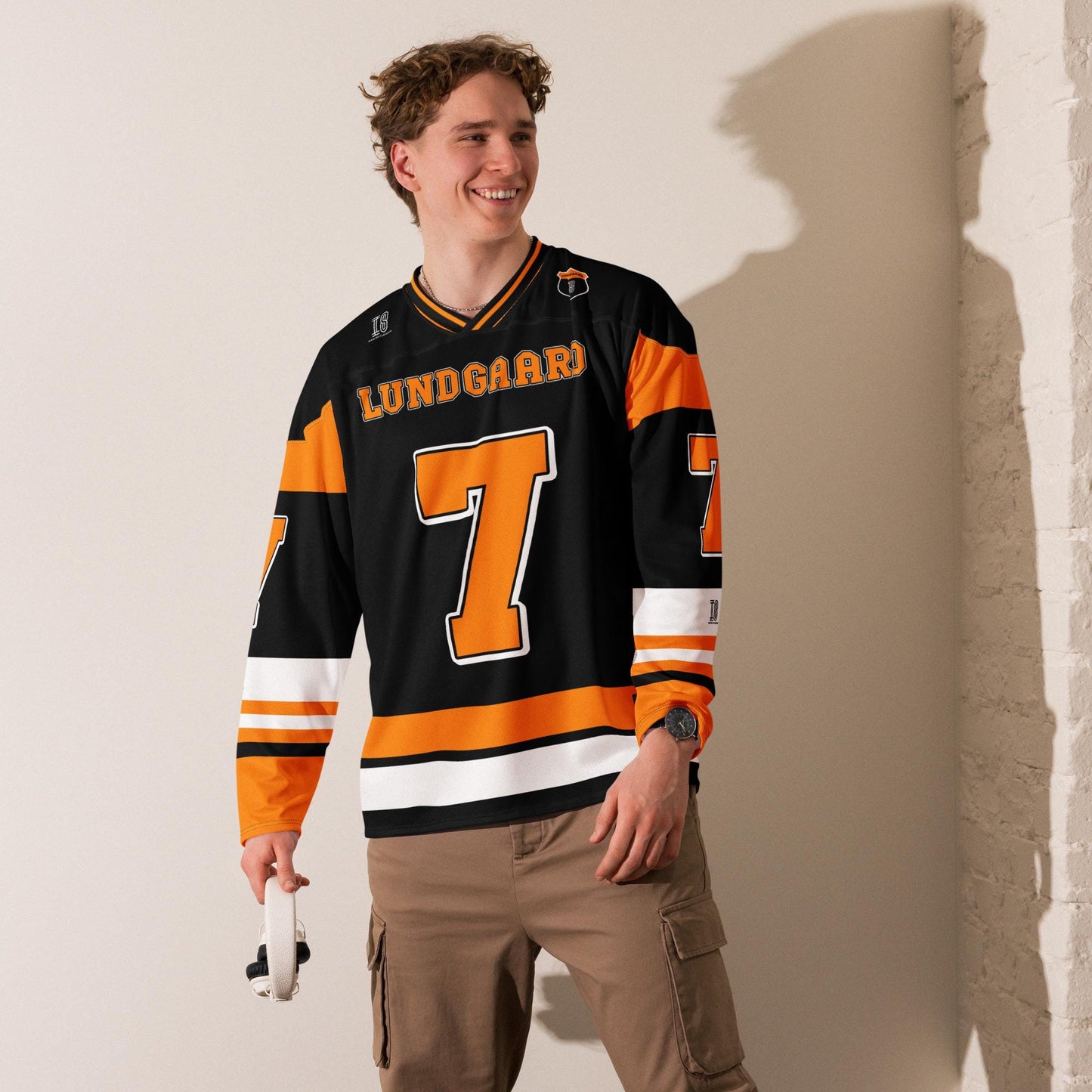 Unisex Oversized Racing Hockey Jersey– Black and Orange IndyCar-Inspired Hockey Jersey with Racing Number 7