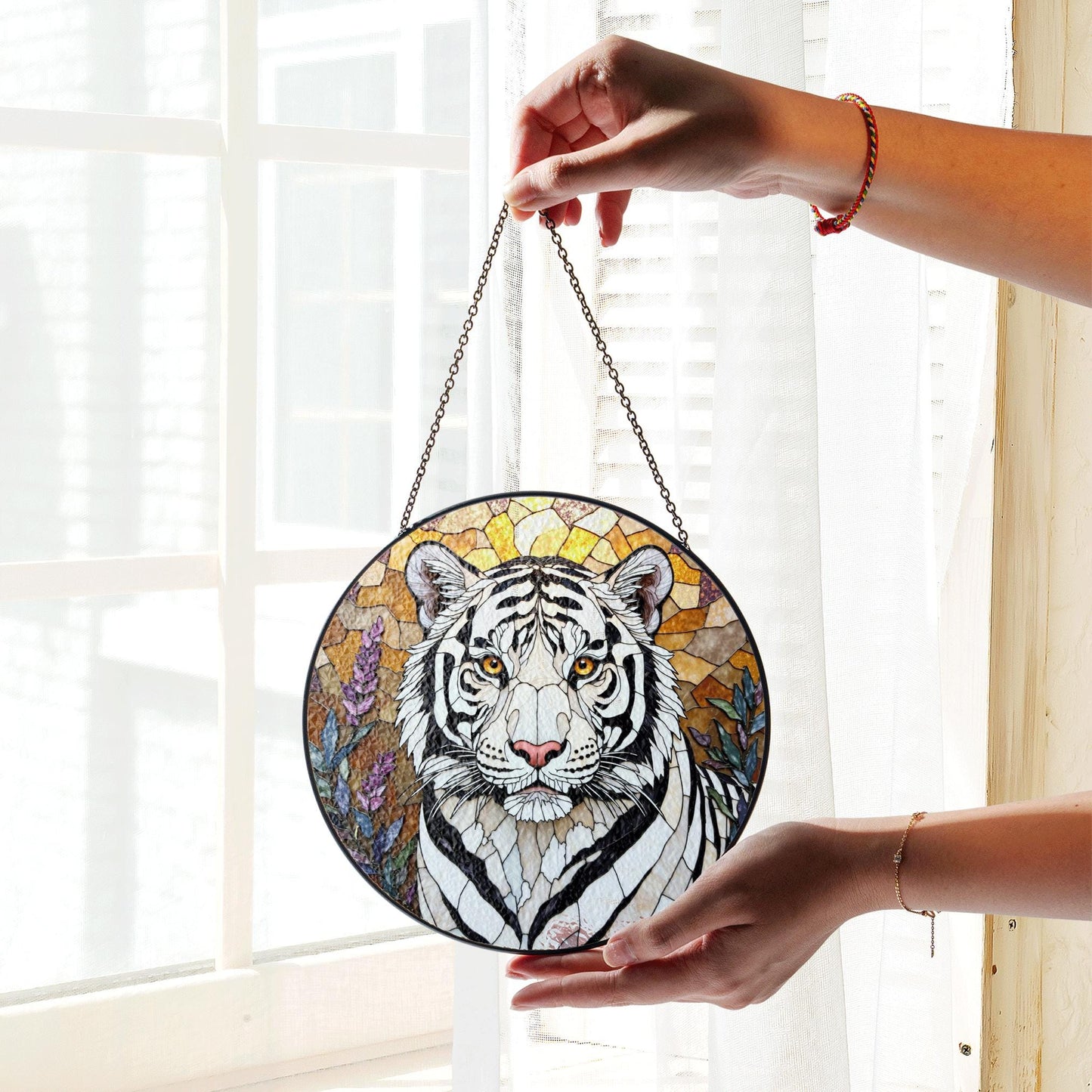 White Tiger Nature Scene Suncatcher Stained Glass Style Window Decor Gift for Wildlife Lovers