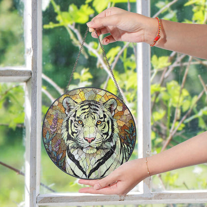 White Tiger Nature Scene Suncatcher Stained Glass Style Window Decor Gift for Wildlife Lovers