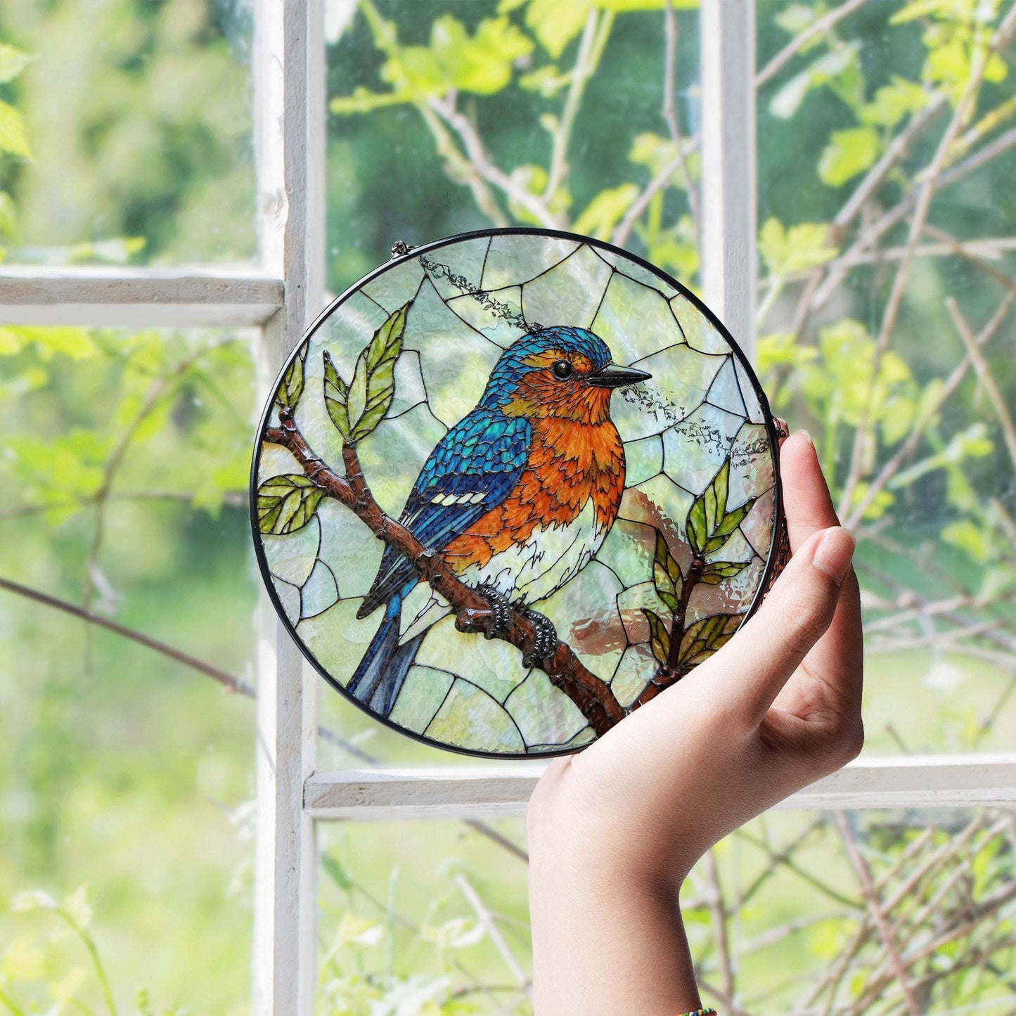 Blue Orange Bird on Branch Window Suncatcher Handmade Glass Panel Gift for Nature Lover