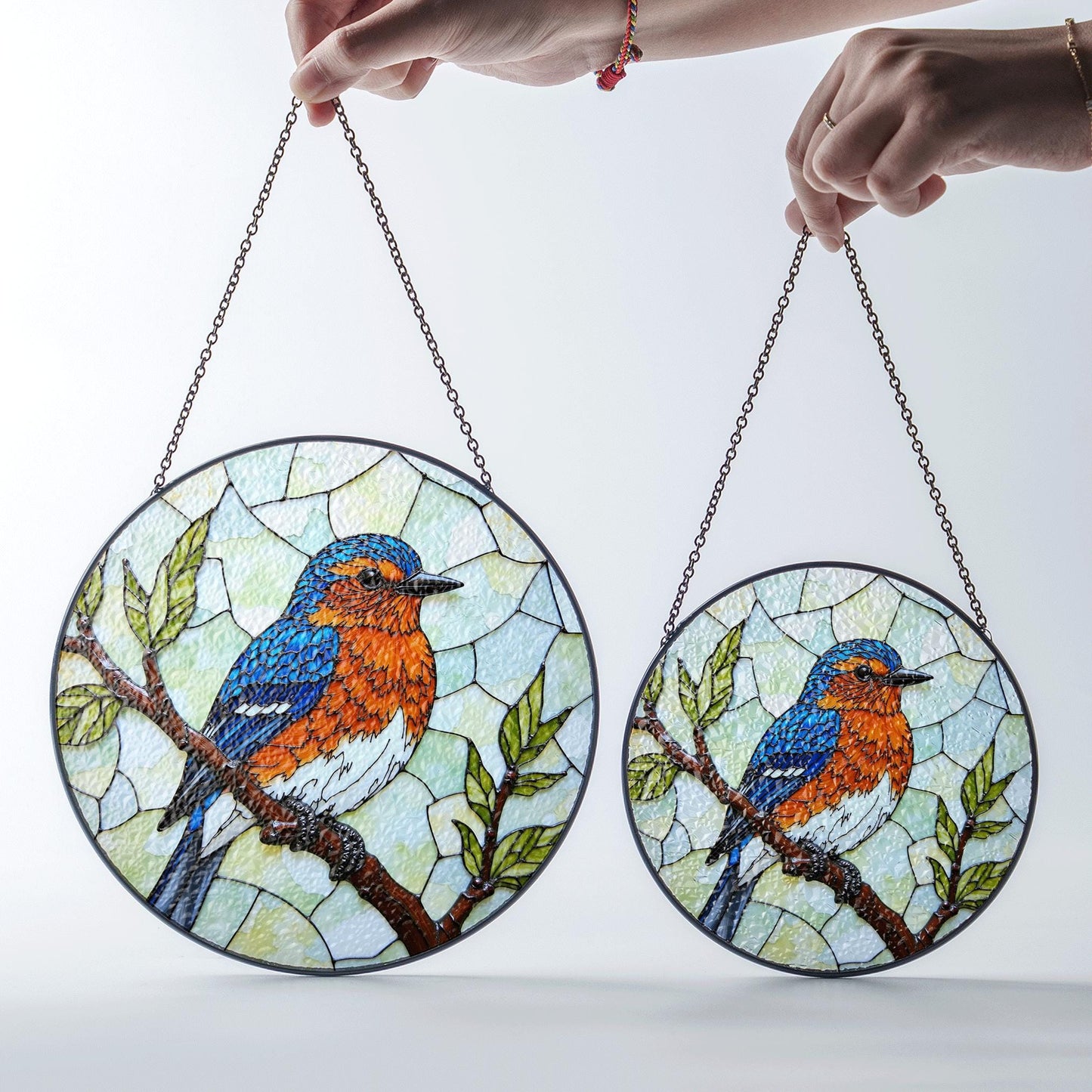 Blue Orange Bird on Branch Window Suncatcher Handmade Glass Panel Gift for Nature Lover