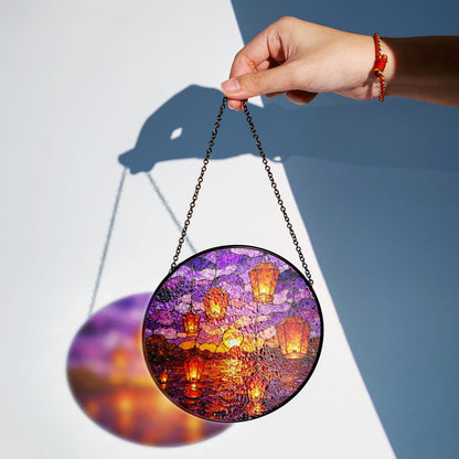 Sunset Lanterns Over Ocean Purple Sky Suncatcher Stained Glass Gift for Mom