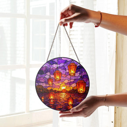 Sunset Lanterns Over Ocean Purple Sky Suncatcher Stained Glass Gift for Mom