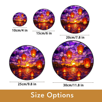 Sunset Lanterns Over Ocean Purple Sky Suncatcher Stained Glass Gift for Mom