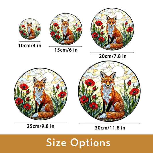 Red Fox in Poppy Field Suncatcher Stained Glass Style Window Art Gift for Animal Lover