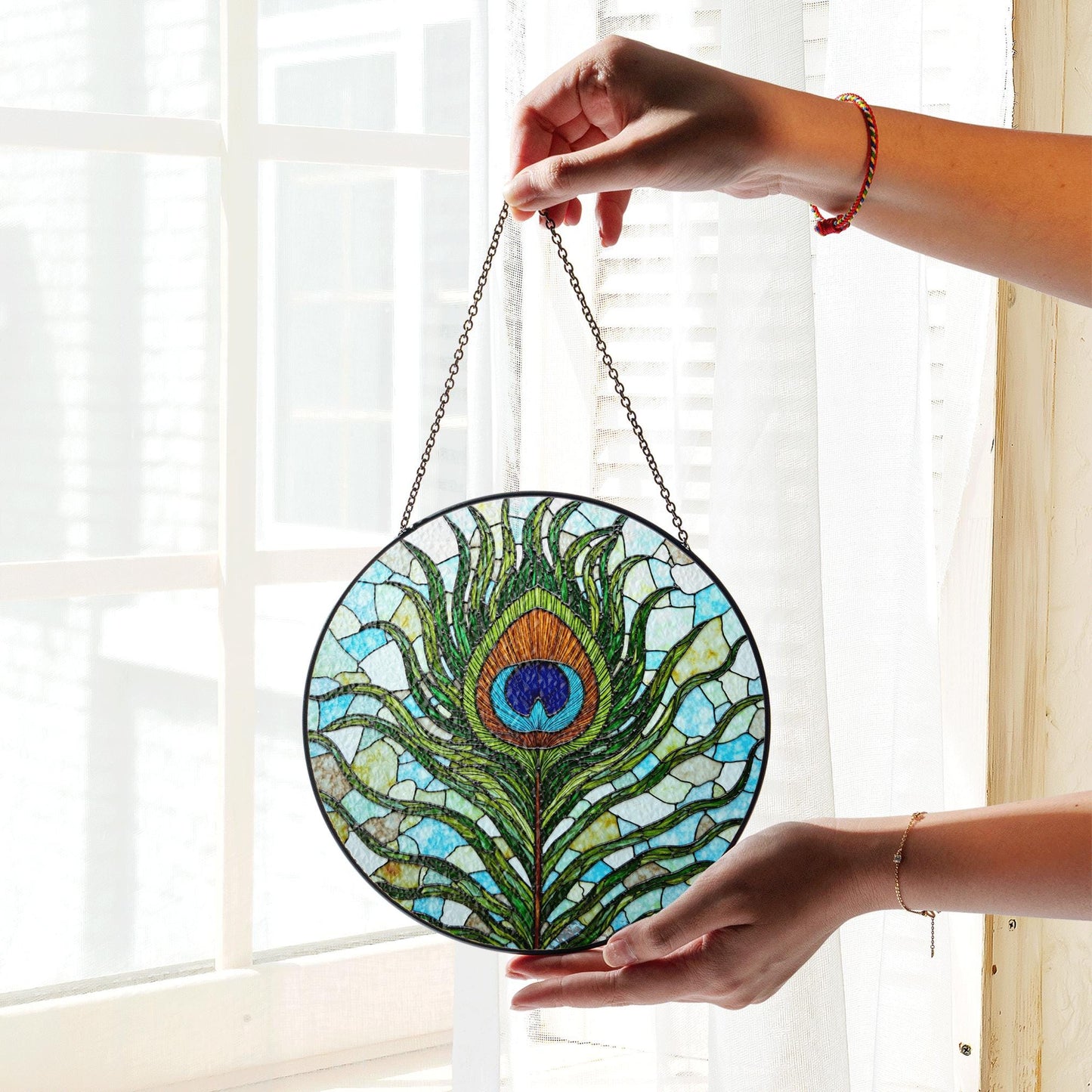 Vibrant Peacock Feather Art Glass Suncatcher Window Hanging for Mom Wife or Nature Lover