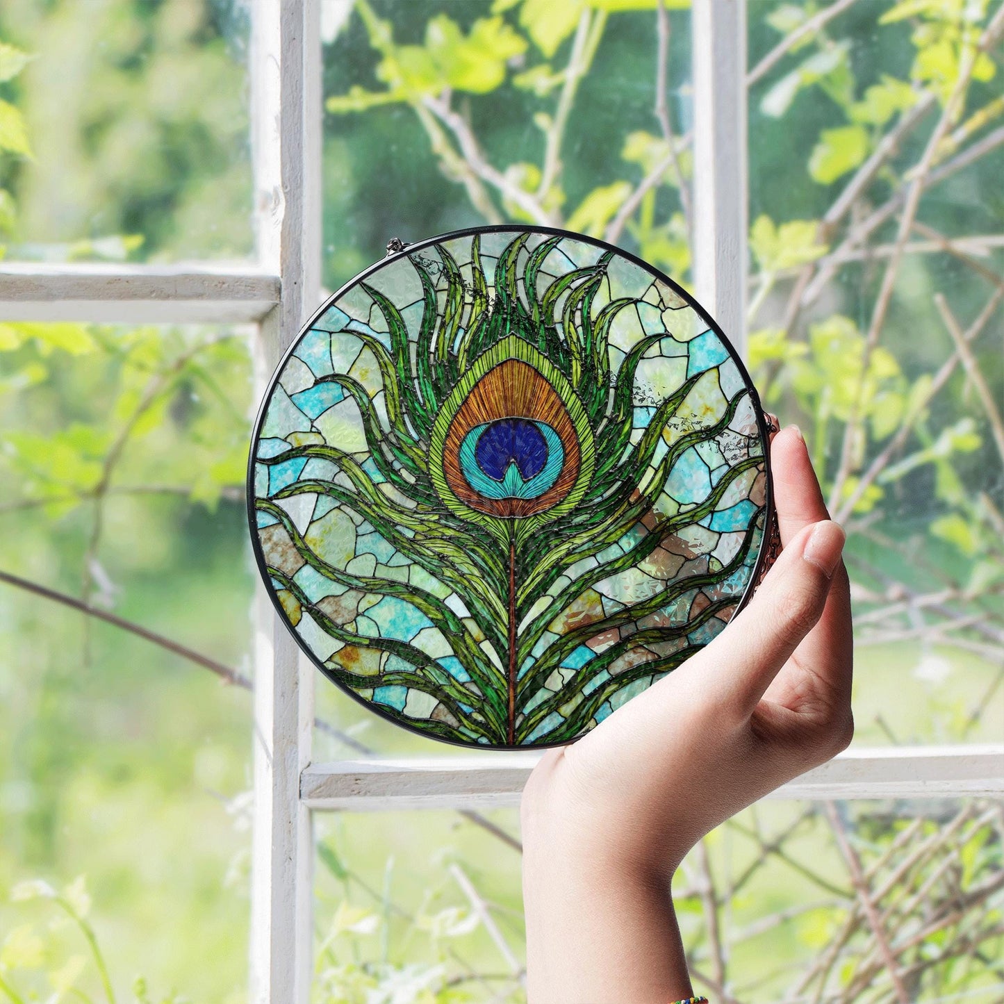 Vibrant Peacock Feather Art Glass Suncatcher Window Hanging for Mom Wife or Nature Lover