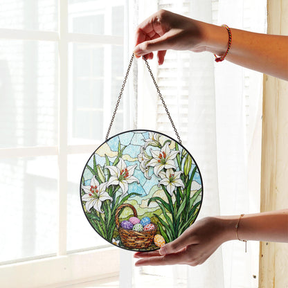 White Lilies and Easter Eggs Basket Stained Glass Suncatcher Window Hanging Gift for Grandma