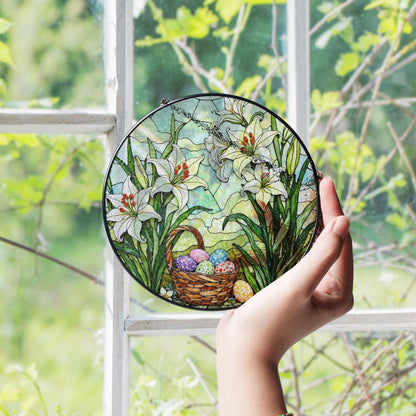 White Lilies and Easter Eggs Basket Stained Glass Suncatcher Window Hanging Gift for Grandma