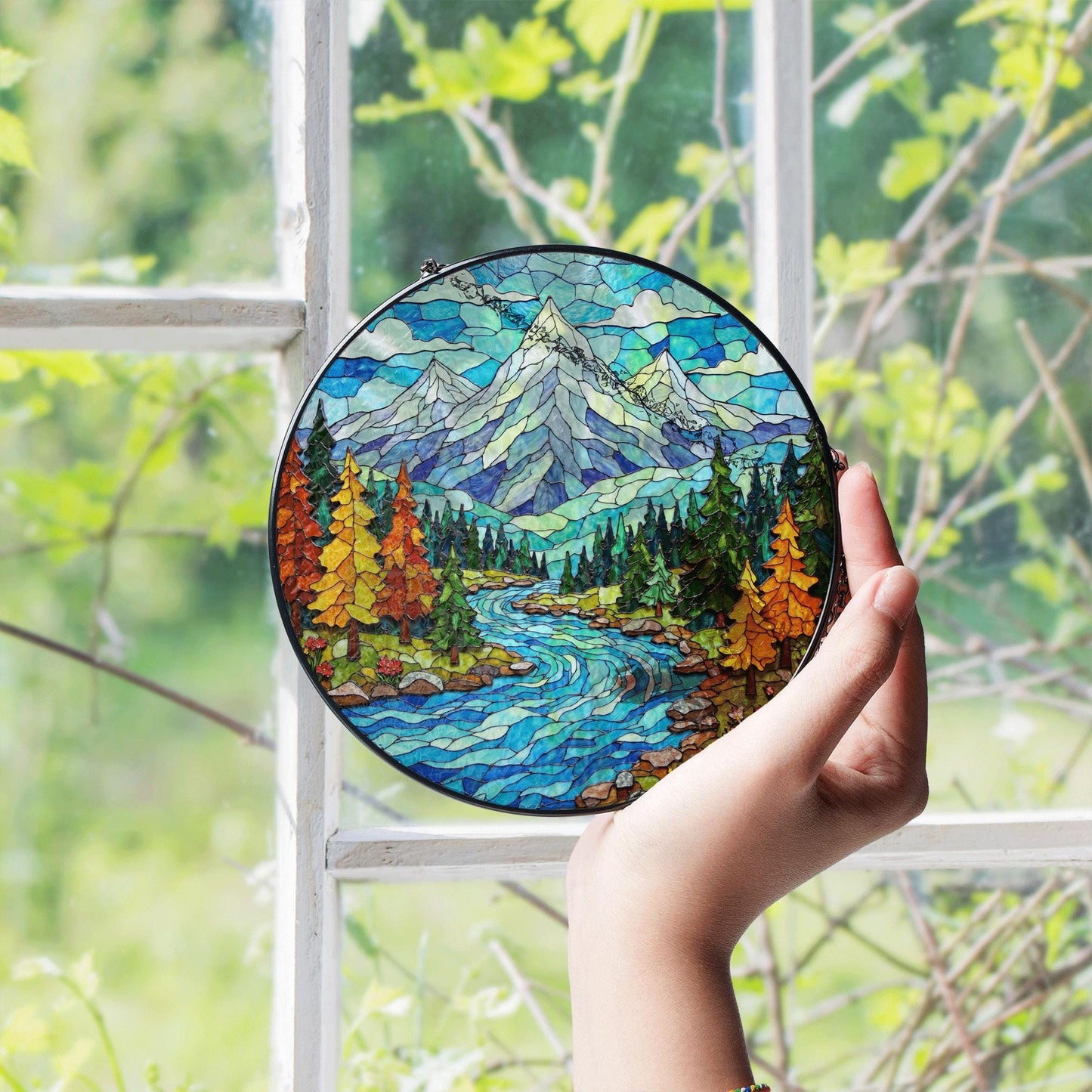 Mountain River Landscape Glass Suncatcher Nature Window Decor Gift for Hiker or Camper