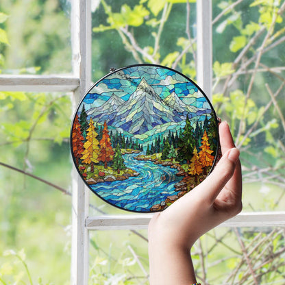 Mountain River Landscape Glass Suncatcher Nature Window Decor Gift for Hiker or Camper