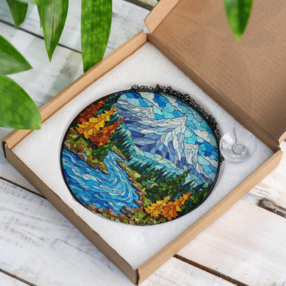 Mountain River Landscape Glass Suncatcher Nature Window Decor Gift for Hiker or Camper