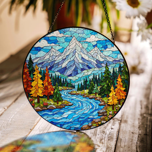 Mountain River Landscape Glass Suncatcher Nature Window Decor Gift for Hiker or Camper