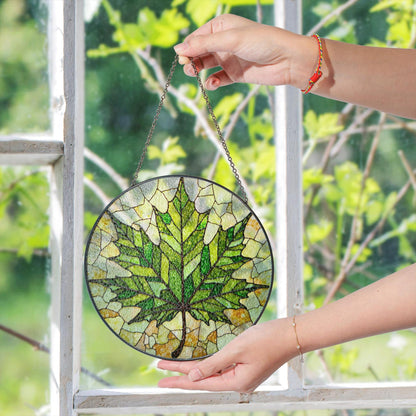 Maple Leaf Green Glass Panel Nature Inspired Suncatcher Gift for Garden Window Lovers