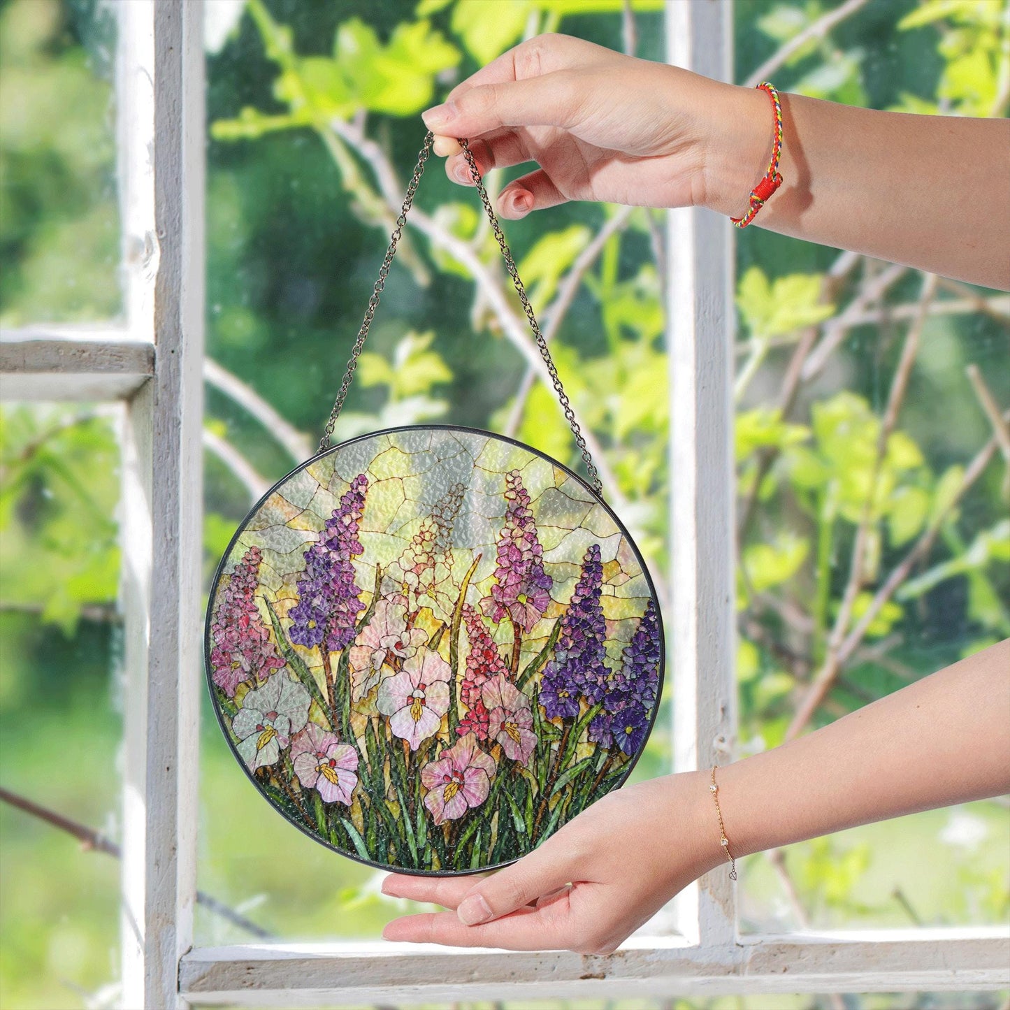 Pink Purple Wildflowers Stained Glass Suncatcher Floral Window Hanging Gift for Garden Lovers